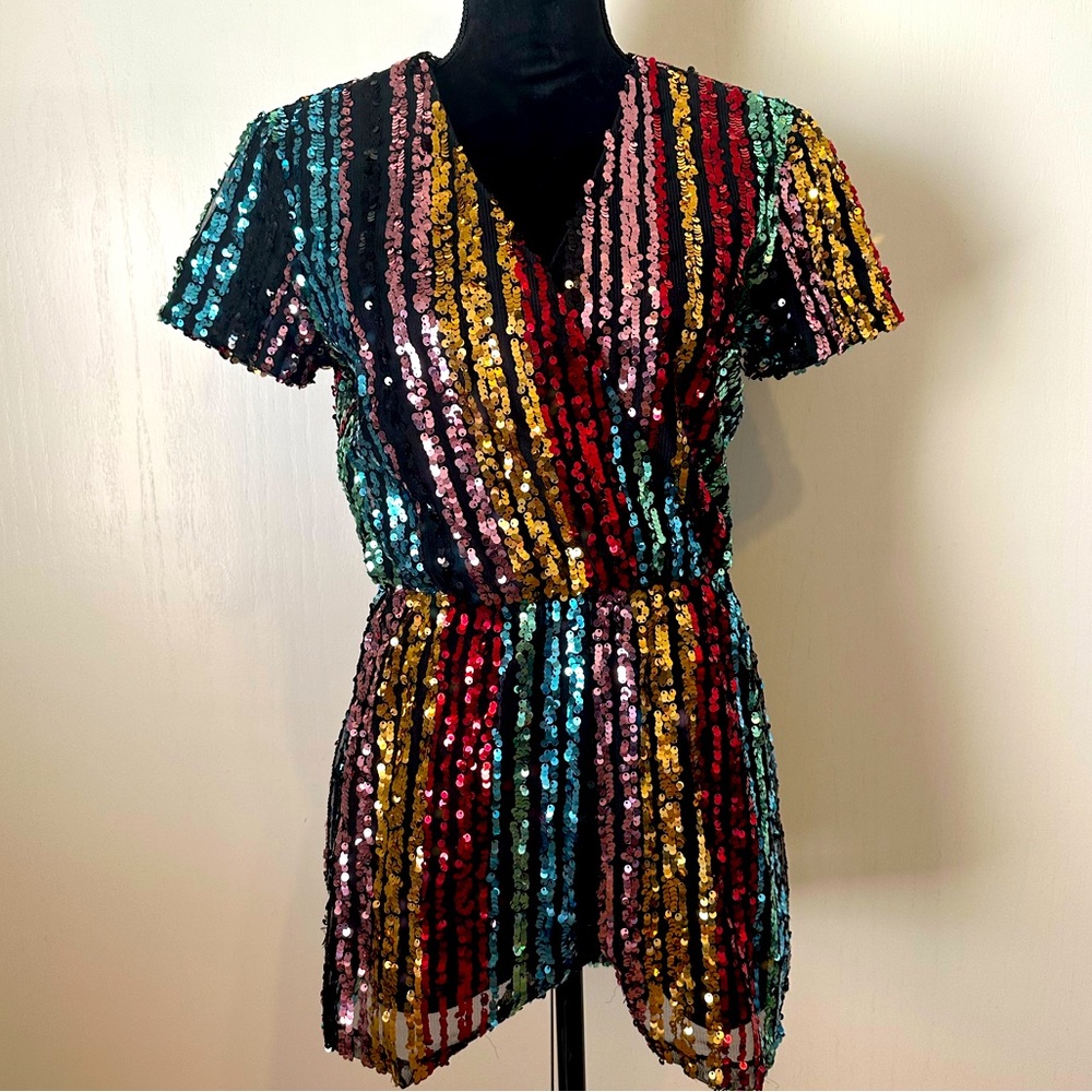 Vylette Rainbow Sequin Deep V-neck Romper